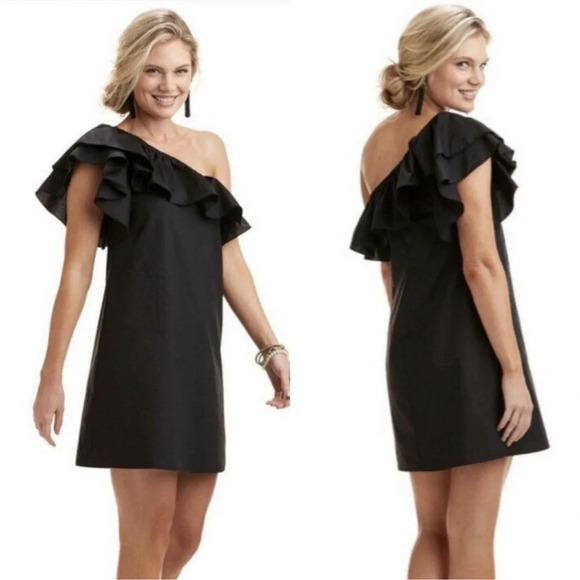Vineyard Vines Size Small One Shoulder Ruffle Short Dress Jet Black 100% cotton - Picture 1 of 14